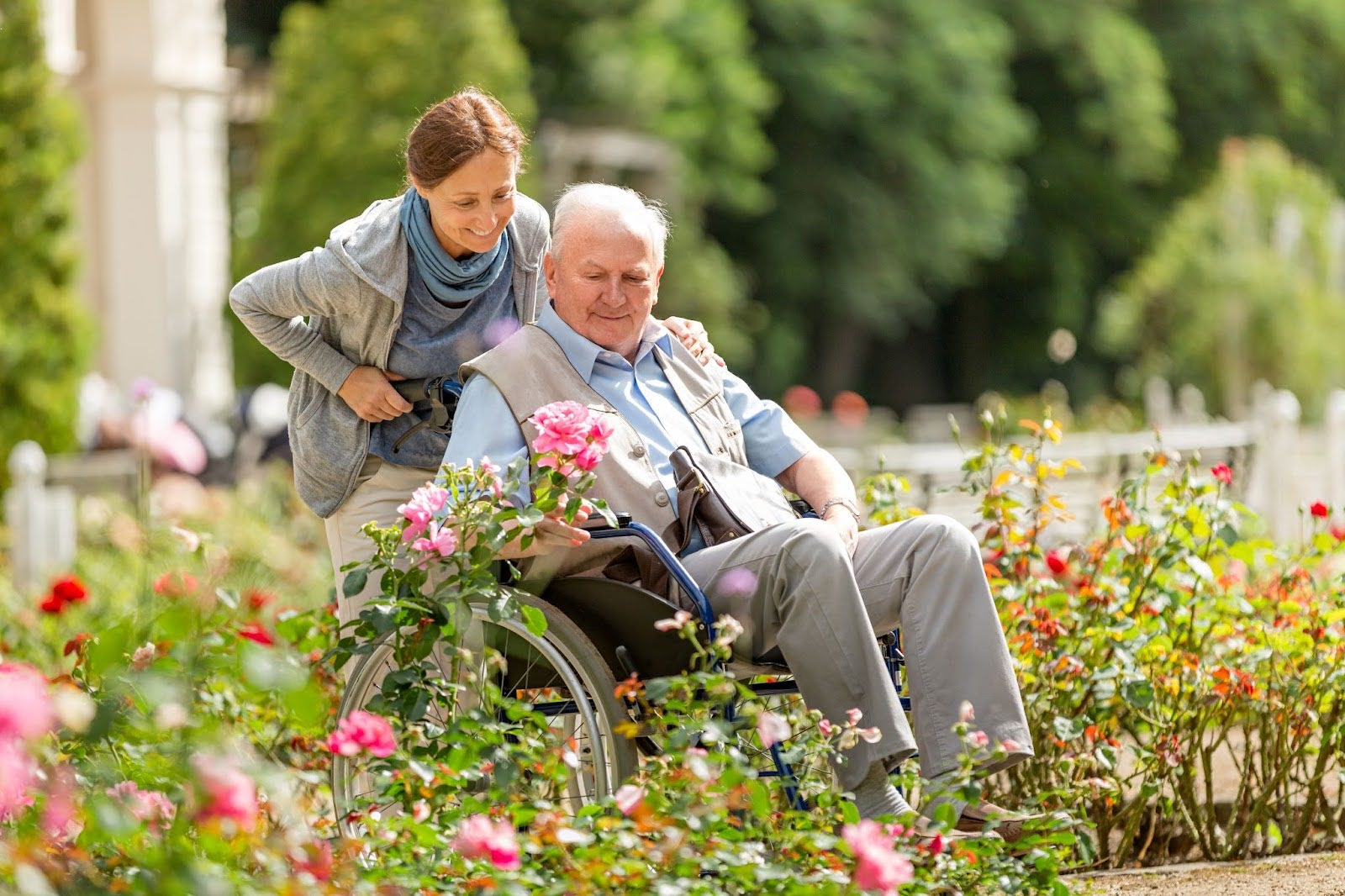 daughter pushing father in wheelchair in beautiful gardens