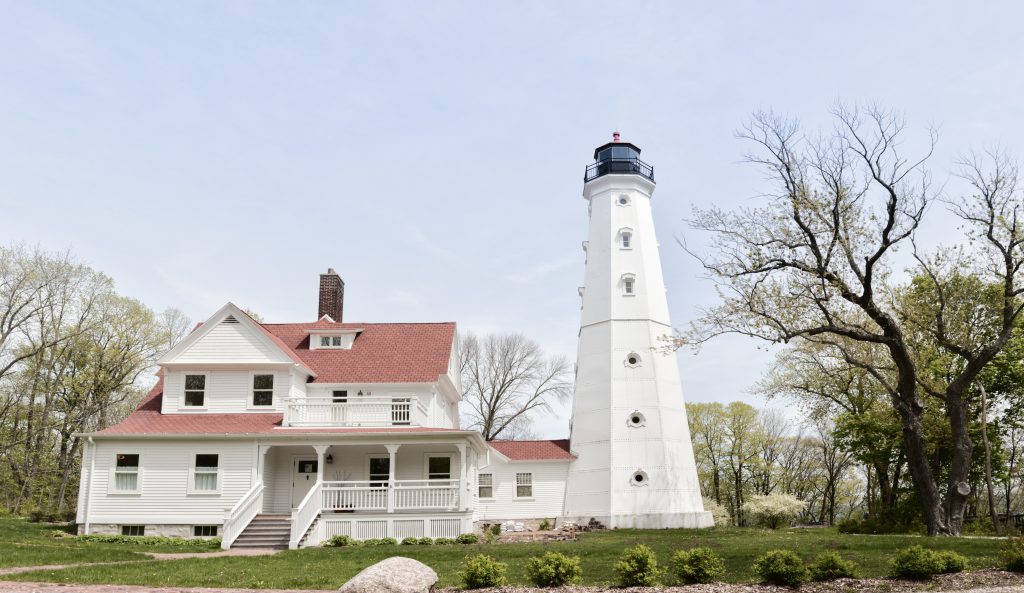 "The 74-foot North Point Lighthouse in Lake Park, Milwaukee, on the shores of Lake Michigan."