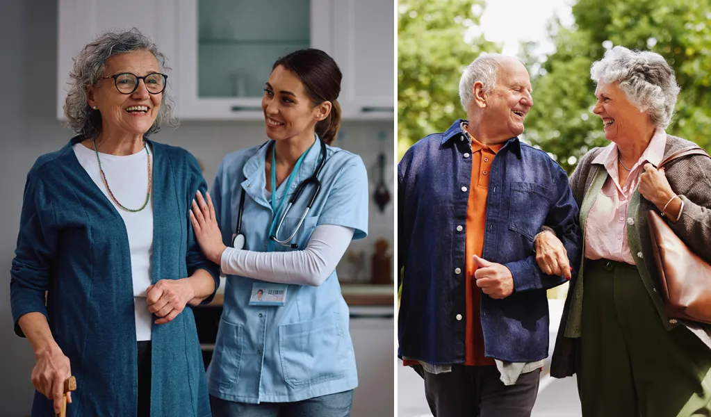happy senior couple walking and senior with cane walking with caregiver